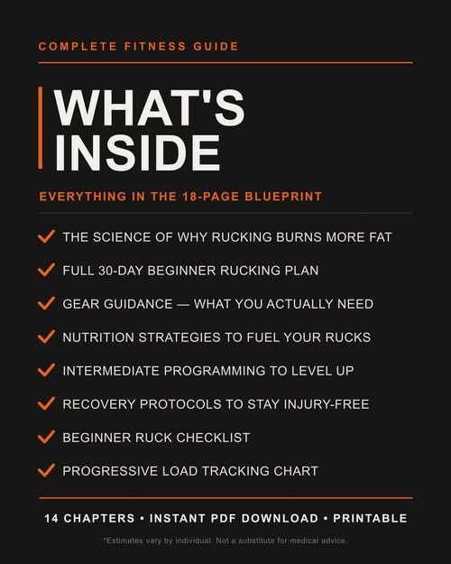 Ruck & Burn — what's inside: 14 chapters, 30-day plan, gear, nutrition, recovery